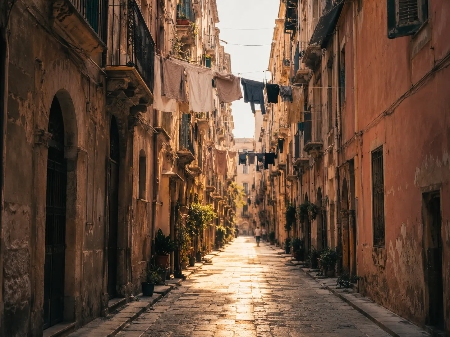 Una calle estrecha y soleada en el barrio de la Kalsa en Palermo, tendederos de ropa y fachadas de piedra cálida