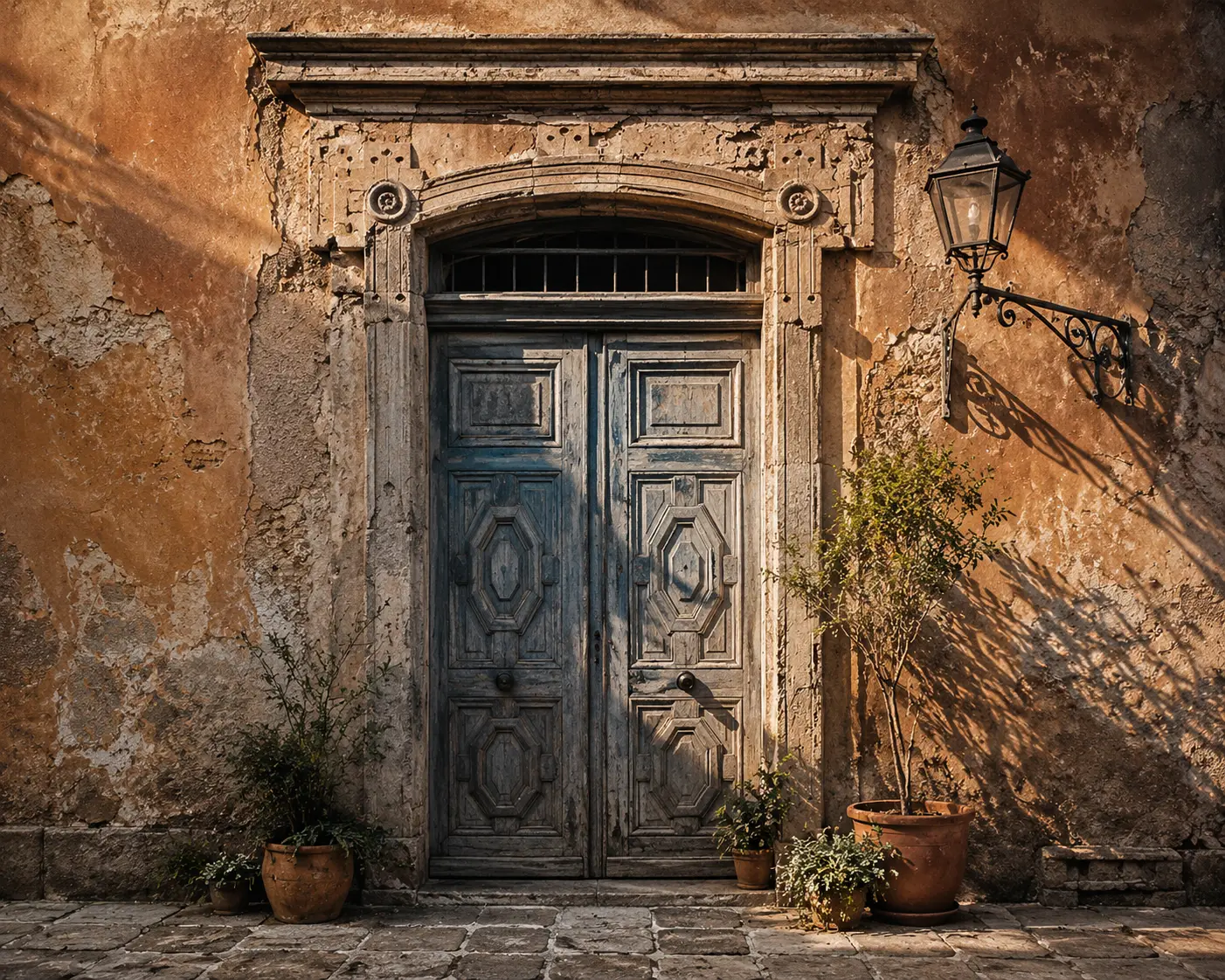 Una puerta de patio desgastada en el casco antiguo de Palermo, luz cálida de la tarde, paredes de terracota descoloridas
