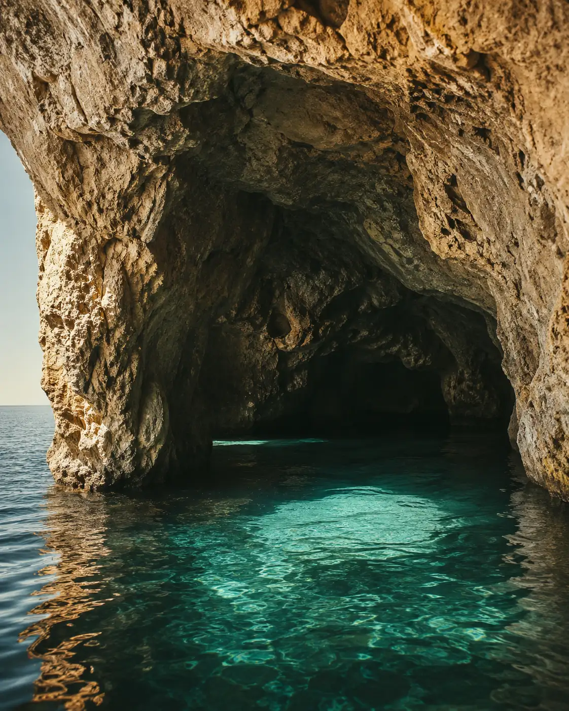 L'ingresso della Grotta Regina, con l'acqua turchese che si illumina all'interno