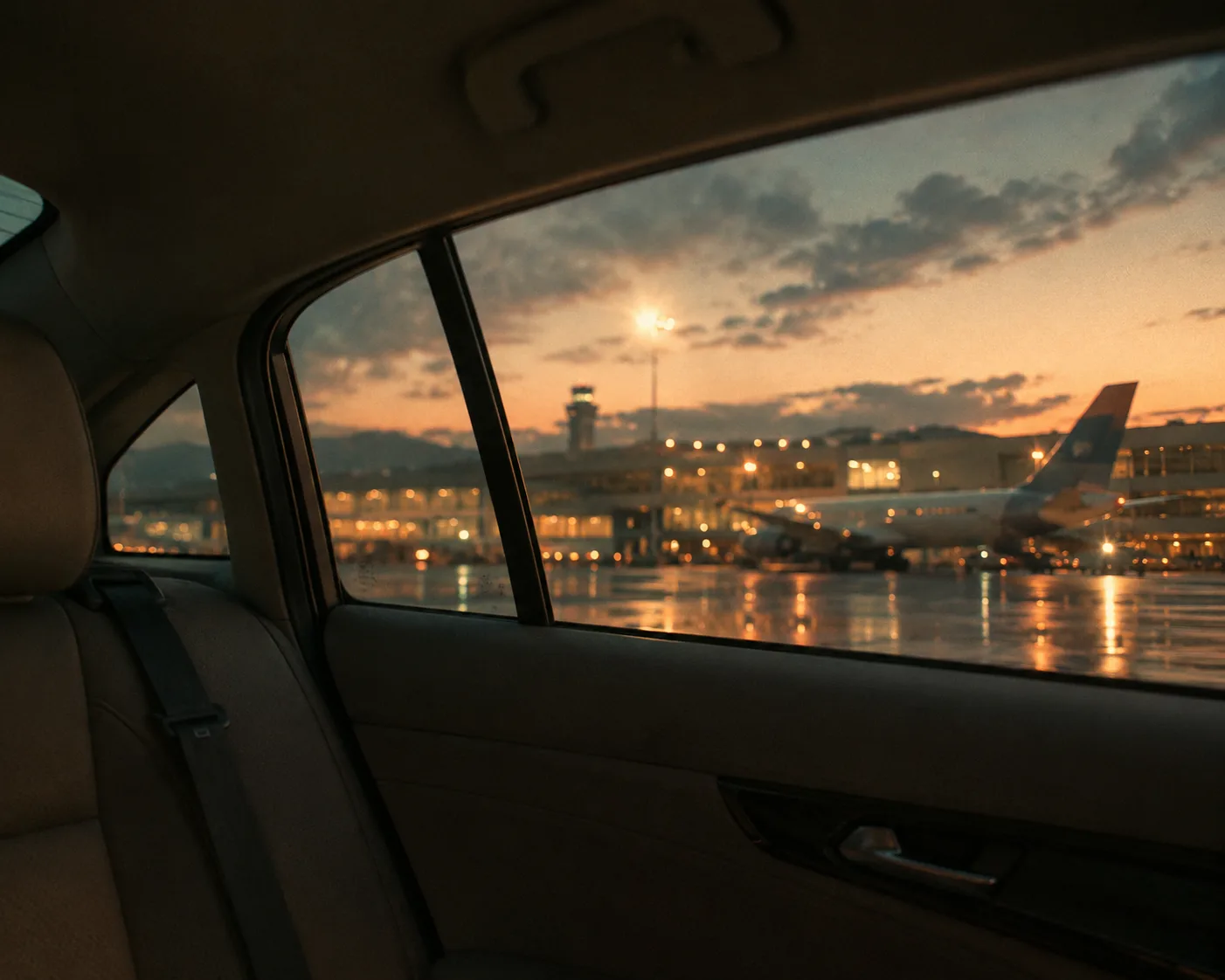 Une voiture roulant vers l'aéroport de Palerme au crépuscule