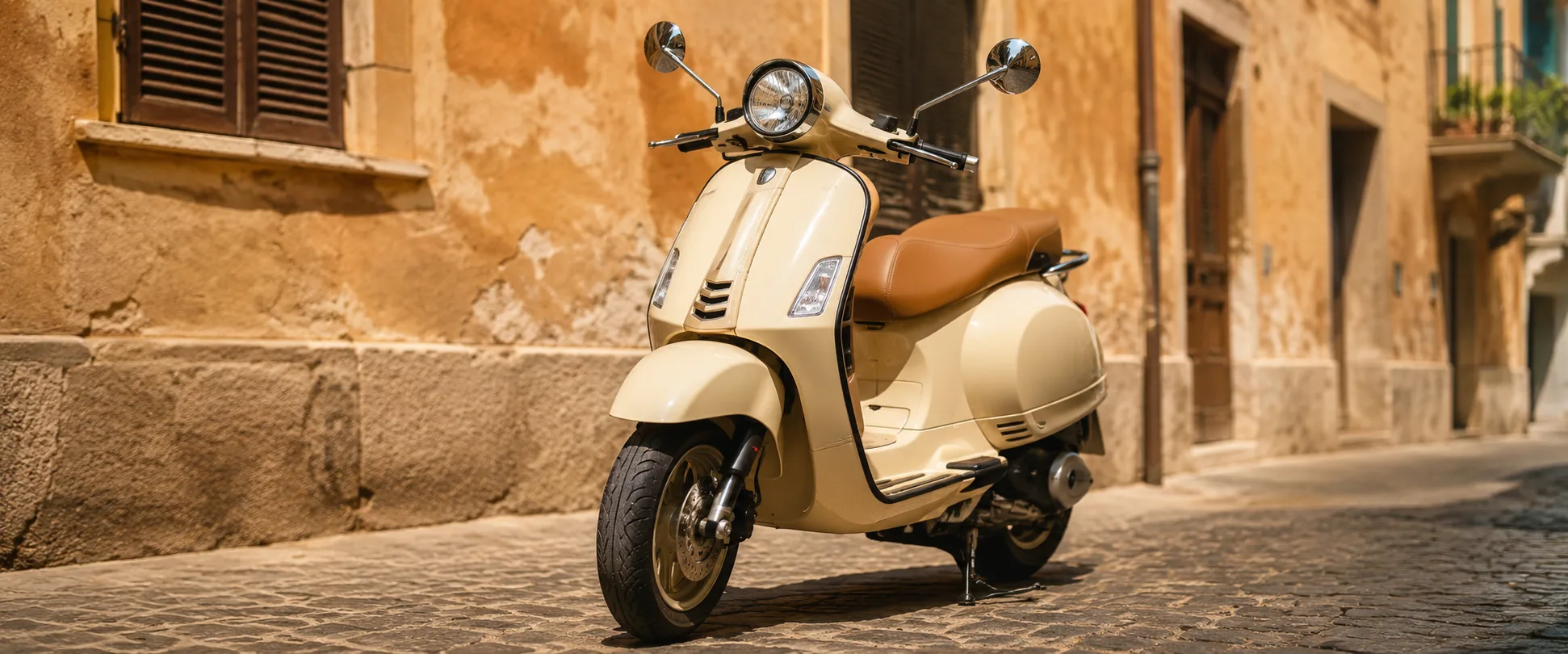 Dettaglio di uno scooter color panna parcheggiato su una strada di Palermo