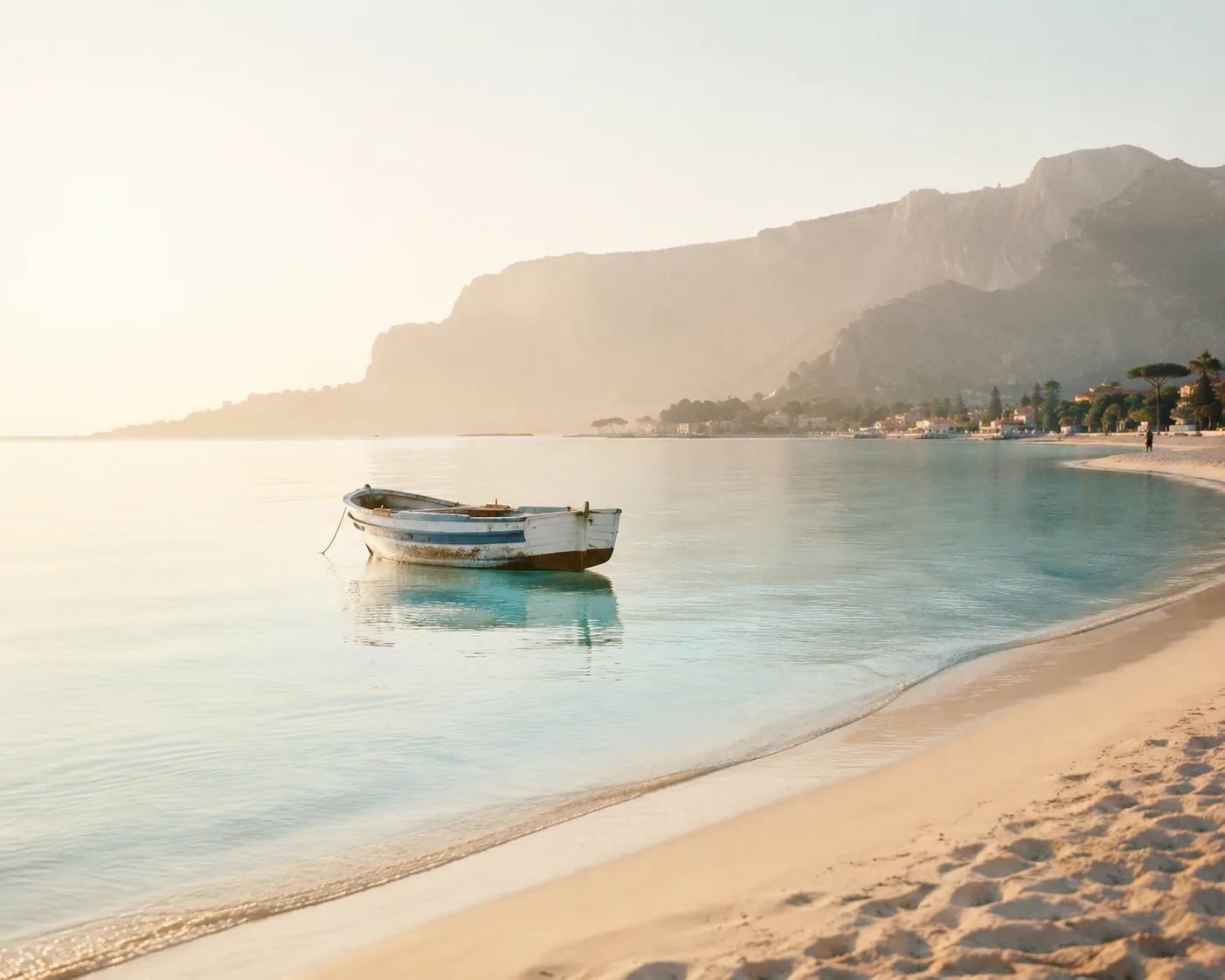 La baia di Mondello vista dal mare, sabbia bianca e acqua turchese